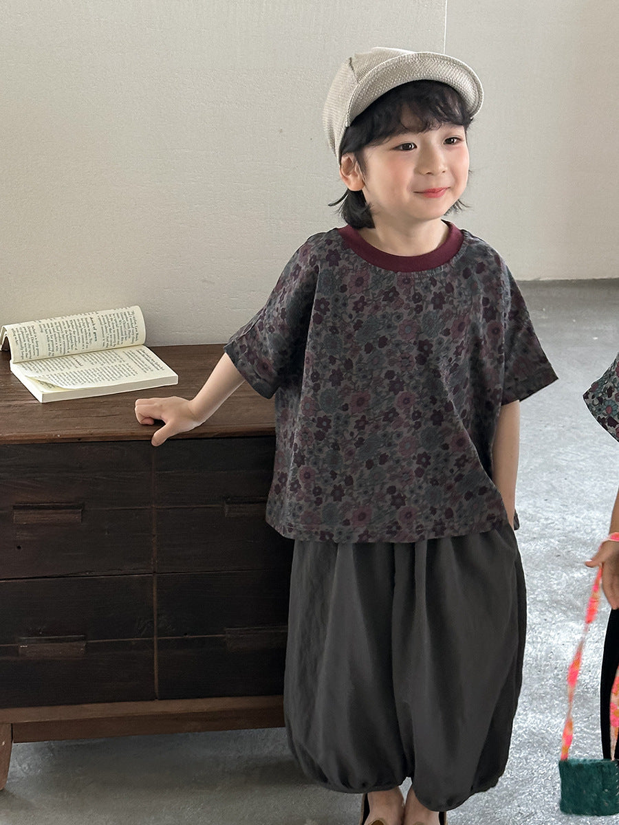 小花柄ドロップショルダー半袖Tシャツ