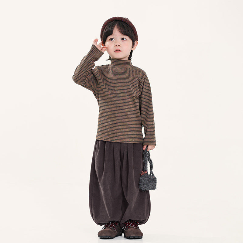 細ボーダーハイネック長袖