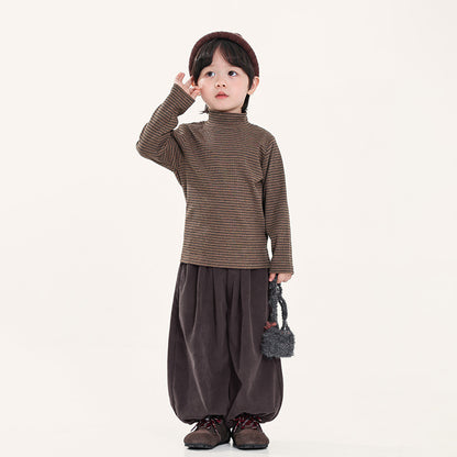 細ボーダーハイネック長袖