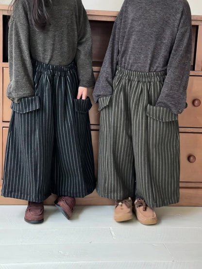縦ストライプウール調ワイドパンツ