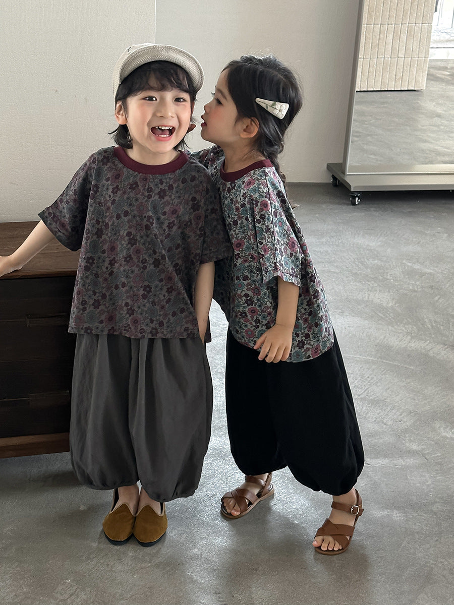 小花柄ドロップショルダー半袖Tシャツ