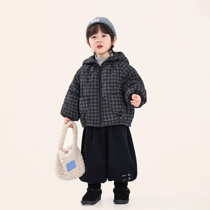 チェック柄中棉フード付きコート