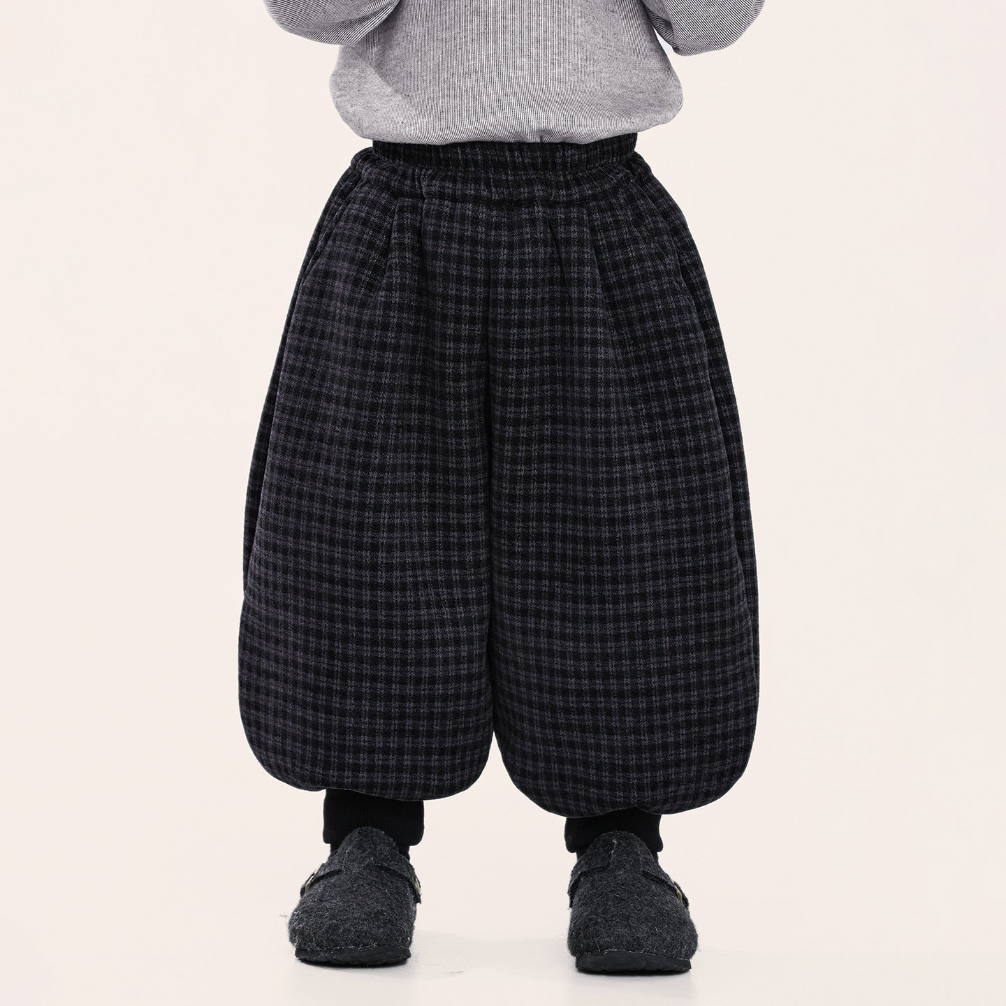 チェック柄裾リブ裏ボアパンツ