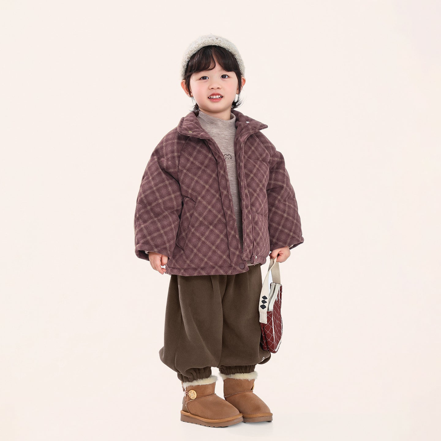 赤チェック中綿コート