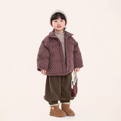 赤チェック中綿コート