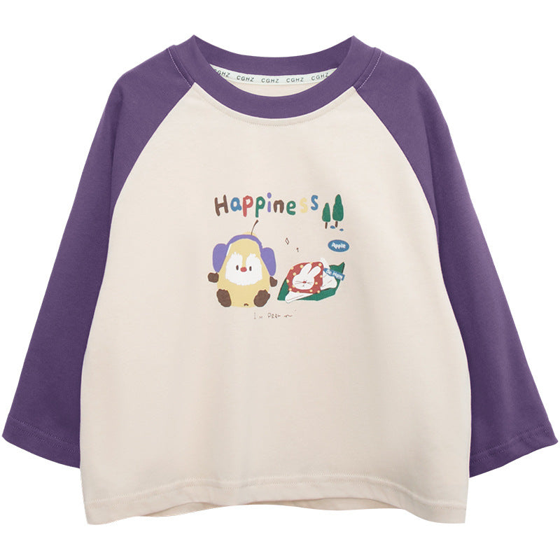 カラフルプリント綿100%ラグランTシャツ