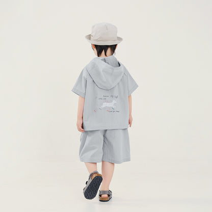 鹿プリントフード付き半袖＆ショートパンツ2点セット