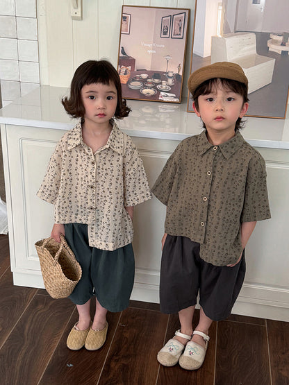 裾アシメトリーボタニカル柄シャツ
