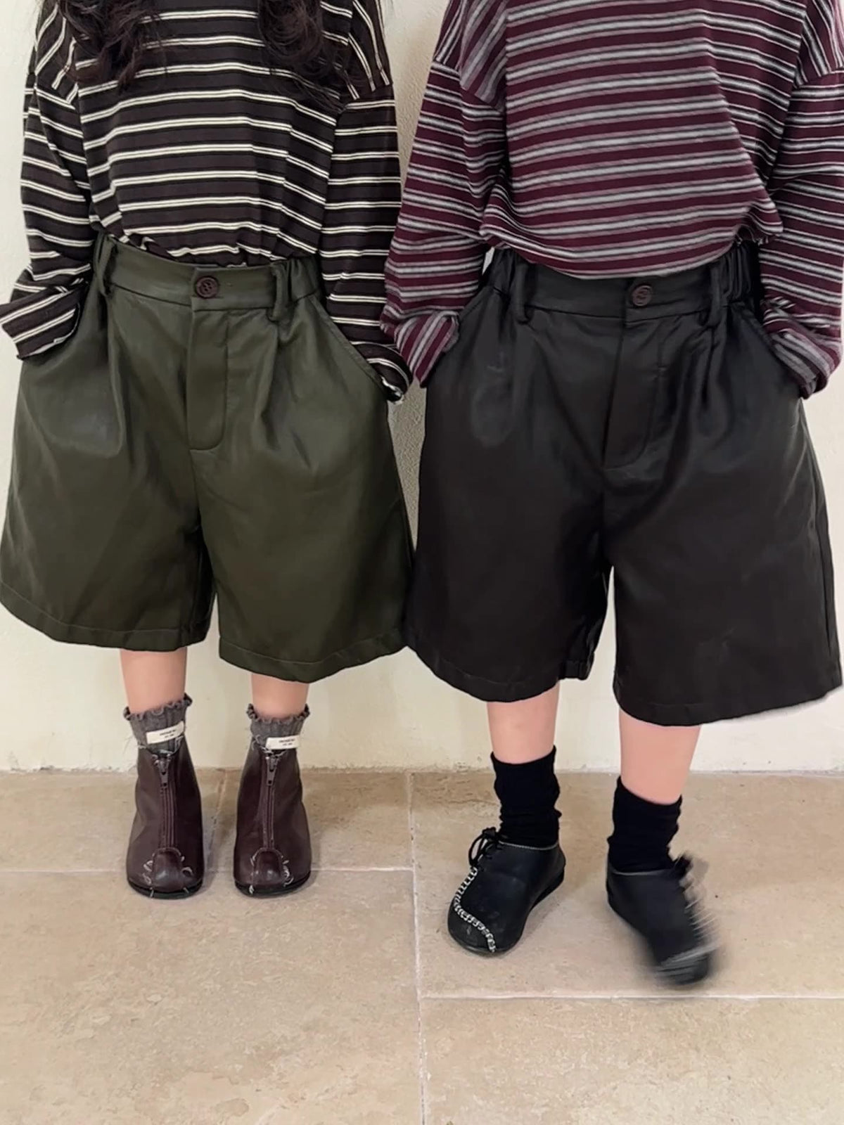 PUレザータック入りハーフパンツ