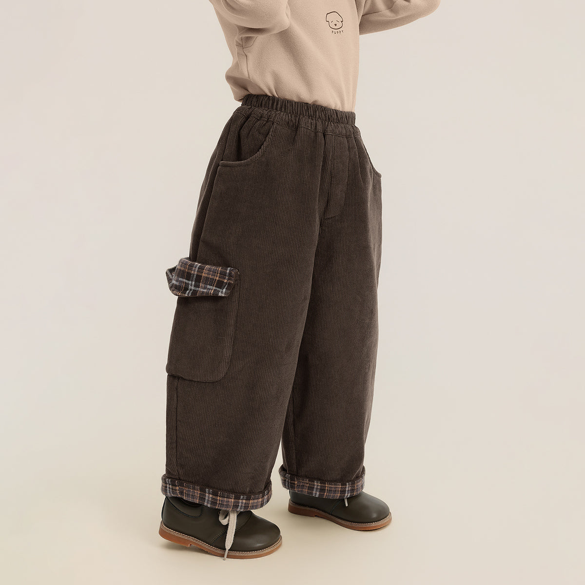 裏ボアチェックロールアップコーデュロイパンツ