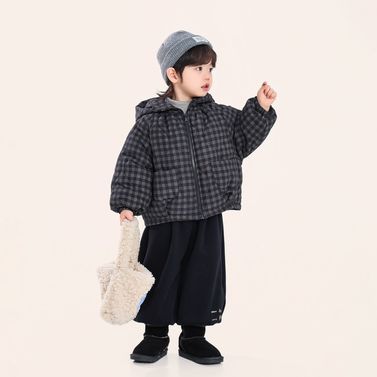 チェック柄中棉フード付きコート