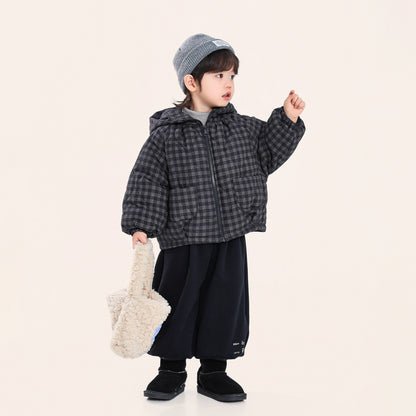 チェック柄中棉フード付きコート