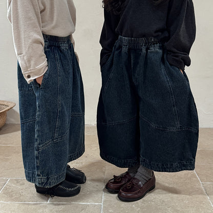 コットン混切替デニムワイドパンツ