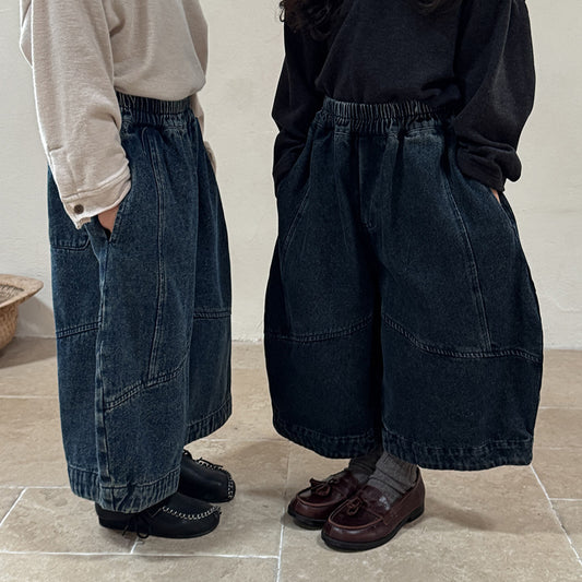コットン混切替デニムワイドパンツ