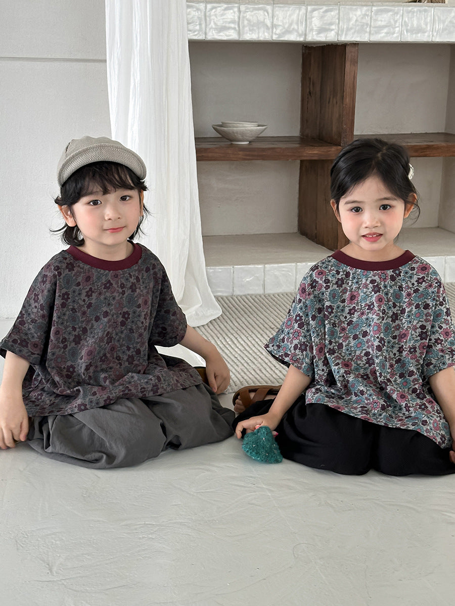 小花柄ドロップショルダー半袖Tシャツ