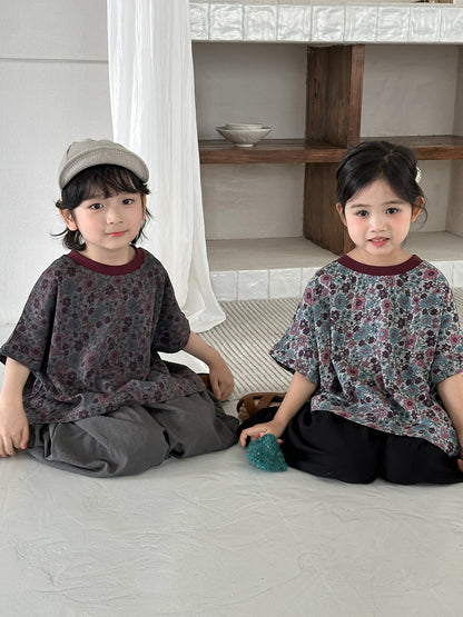 小花柄ドロップショルダー半袖Tシャツ