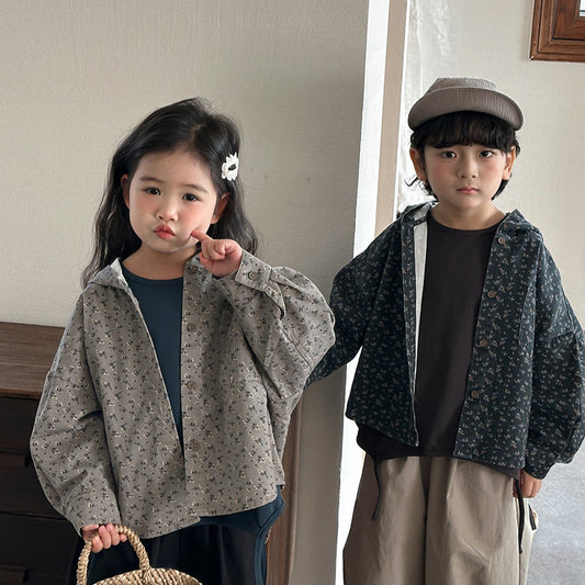 小花柄綿100%フードシャツ