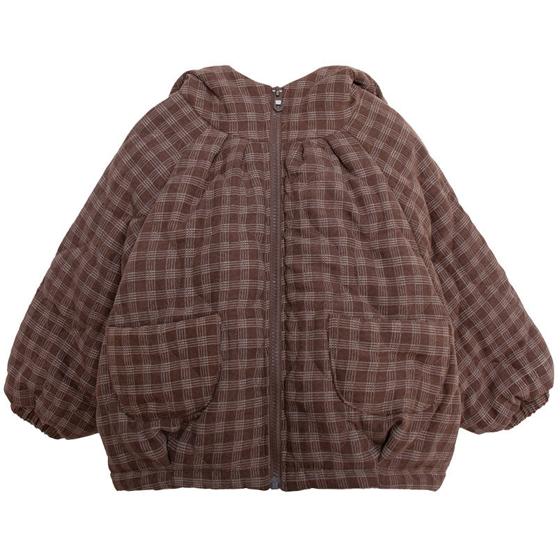 チェック柄中棉フード付きコート