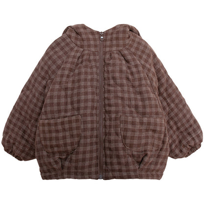 チェック柄中棉フード付きコート