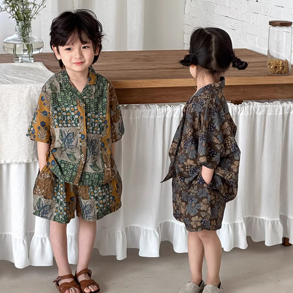 花総柄シャツとショートパンツ2点セット