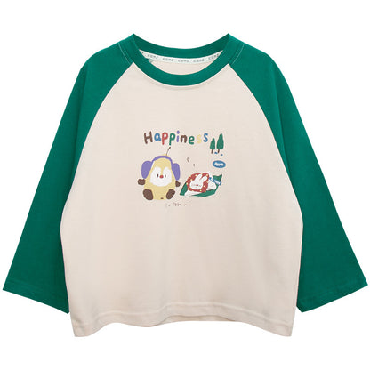 カラフルプリント綿100%ラグランTシャツ