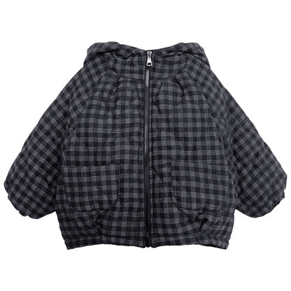 チェック柄中棉フード付きコート