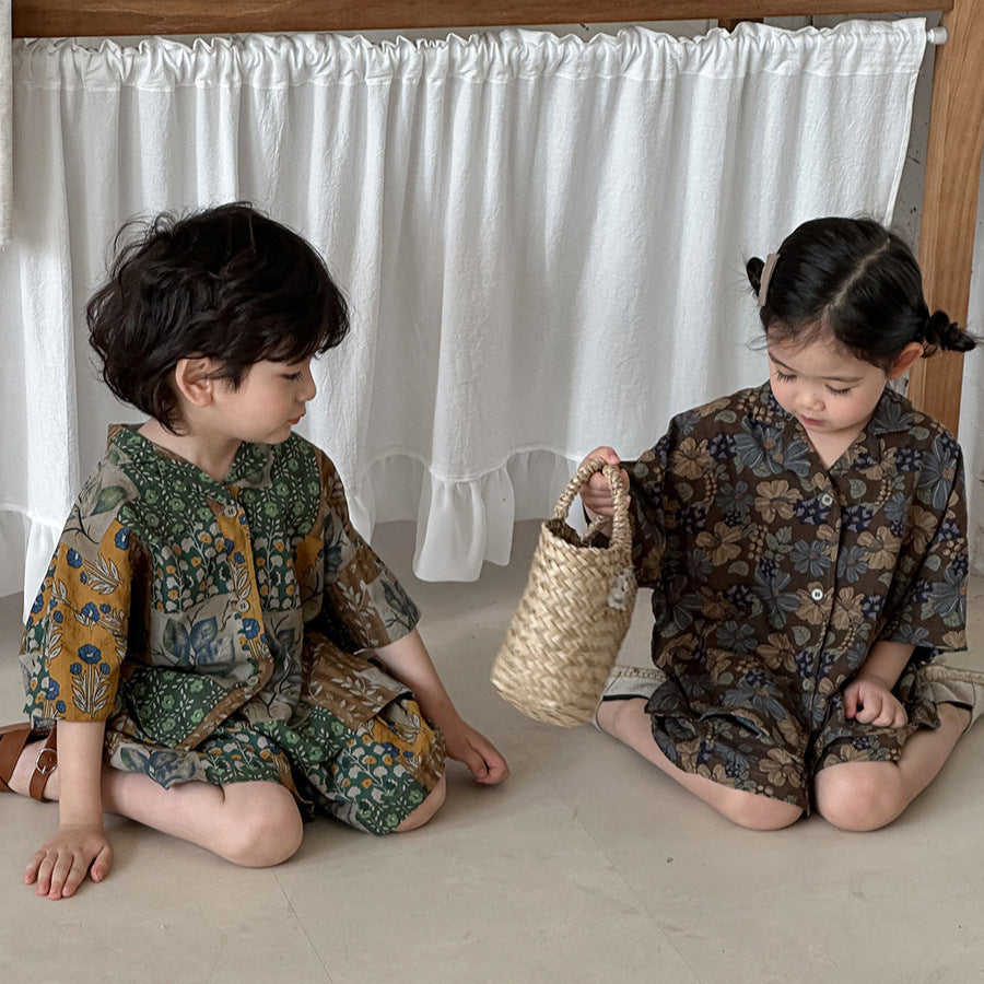 花総柄シャツとショートパンツ2点セット