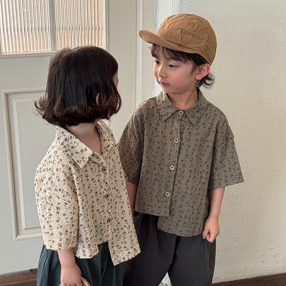裾アシメトリーボタニカル柄シャツ