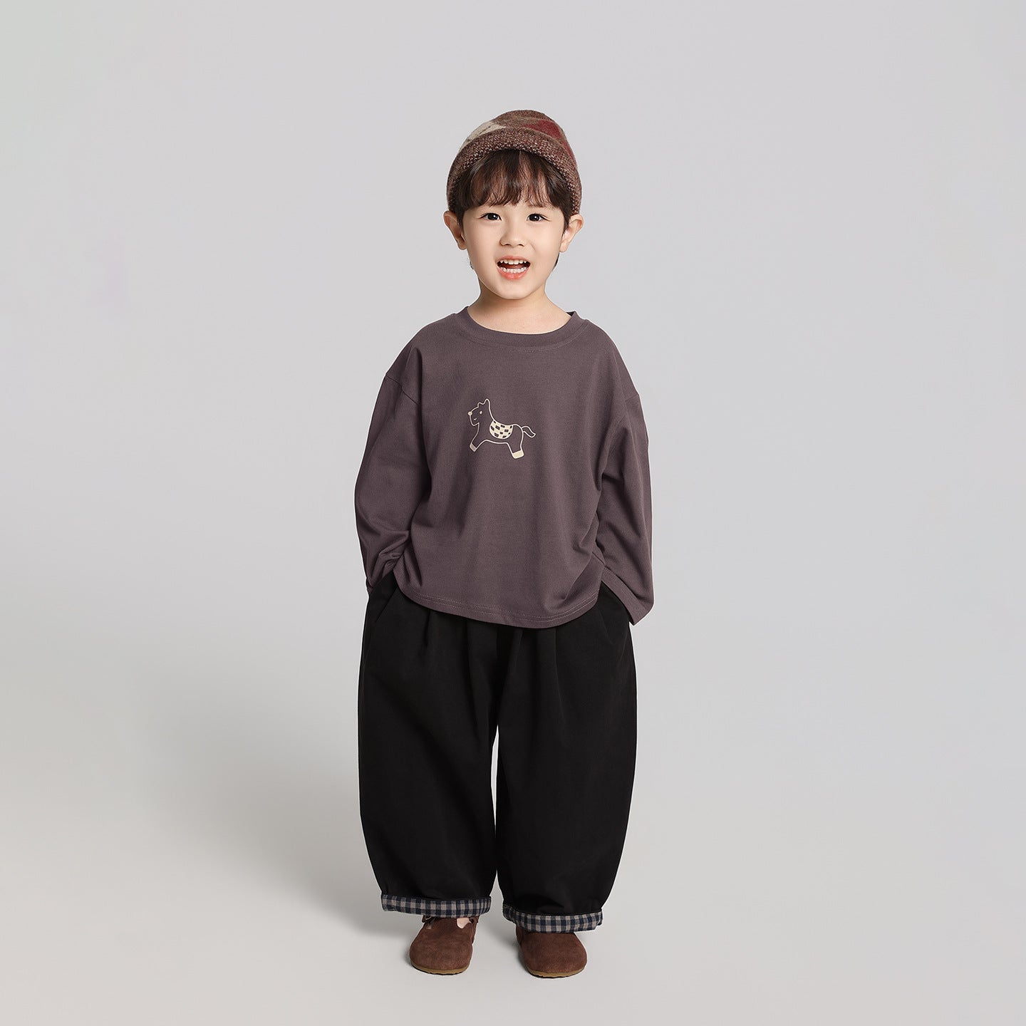 馬プリント純綿ロングTシャツ