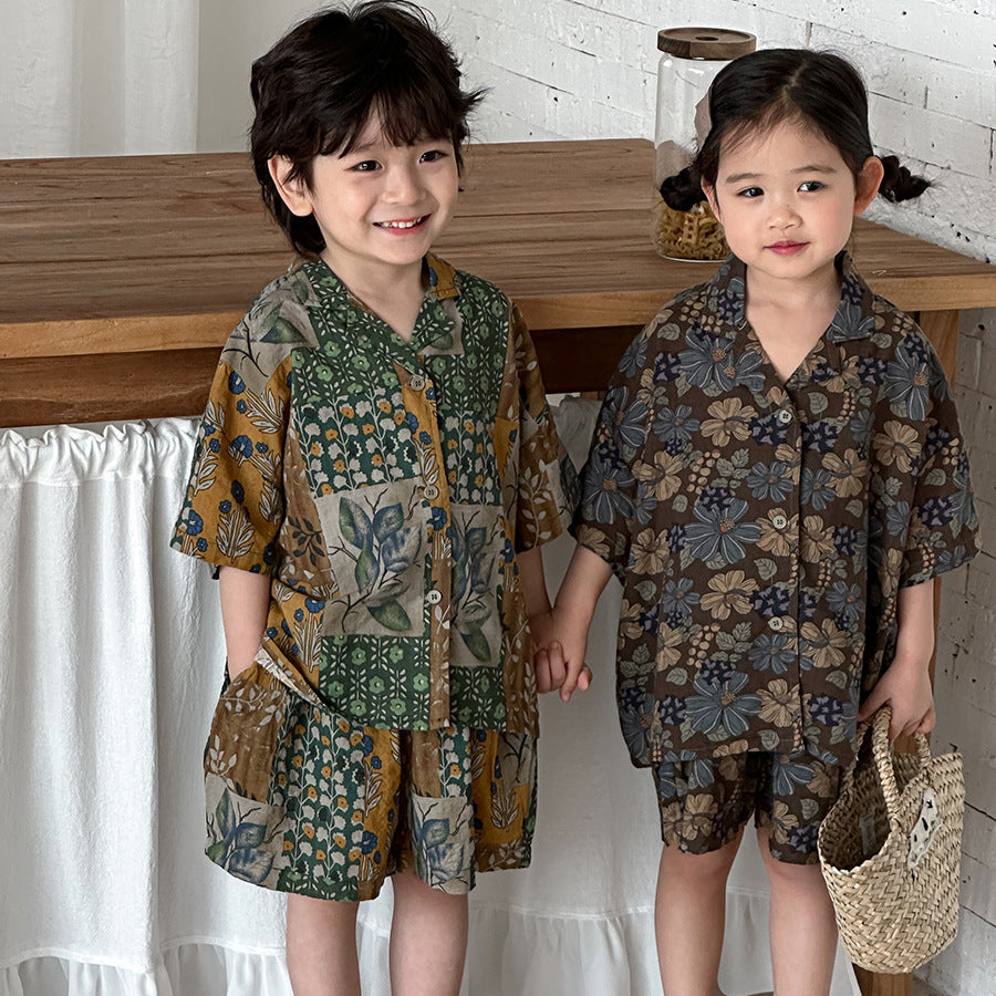 花総柄シャツとショートパンツ2点セット