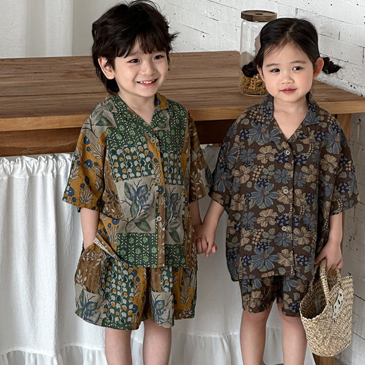 花総柄シャツとショートパンツ2点セット