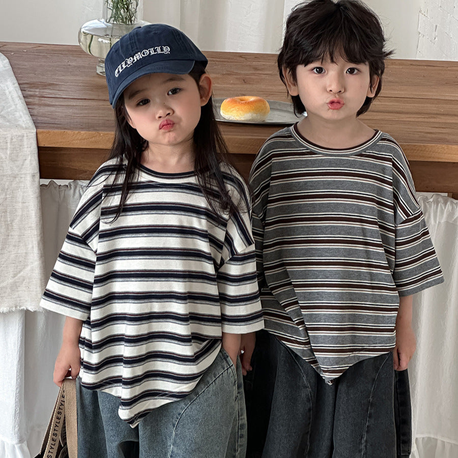 裾アシンメトリーボーダー柄Tシャツ
