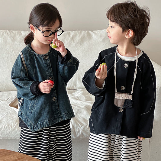 配色ステッチノーカラーデニムジャケット