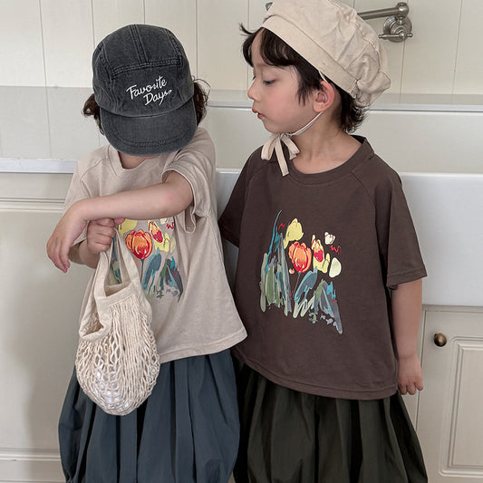 水彩画タッチブーケプリントTシャツ