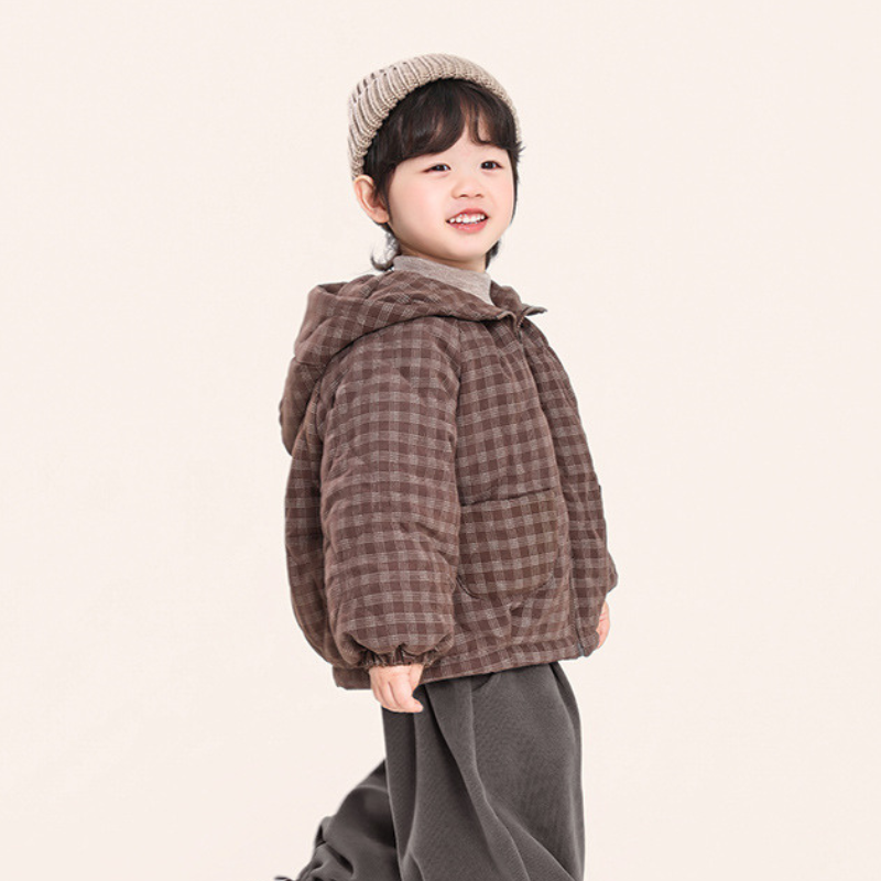 チェック柄中棉フード付きコート