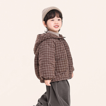 チェック柄中棉フード付きコート