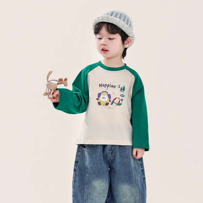 カラフルプリント綿100%ラグランTシャツ