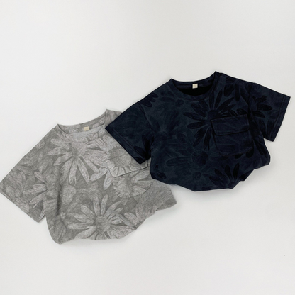 大柄フラワープリント純棉Tシャツ