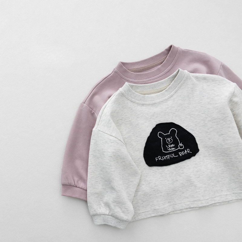ワッペン線描きクマ長袖Tシャツ