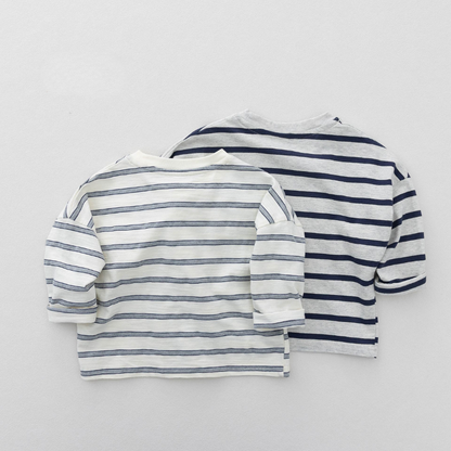 子犬ワンポイントボーダー純綿長袖Tシャツ