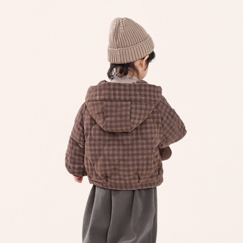 チェック柄中棉フード付きコート