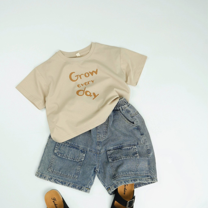 英字プリント綿100%半袖Tシャツ