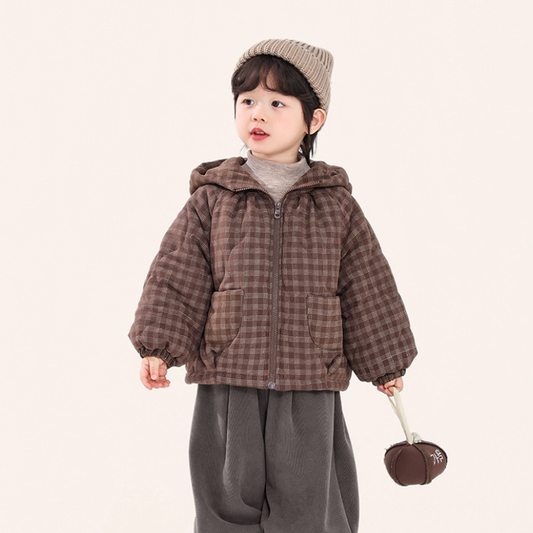 チェック柄中棉フード付きコート