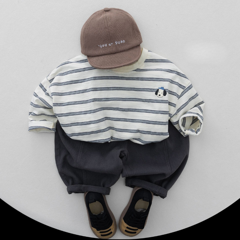 子犬ワンポイントボーダー純綿長袖Tシャツ