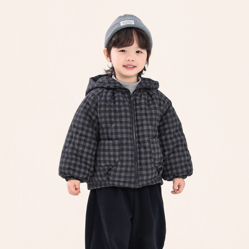 チェック柄中棉フード付きコート
