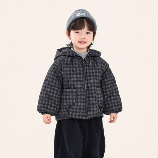 チェック柄中棉フード付きコート