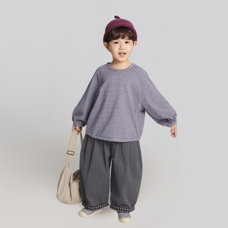 裾チェック柄ロングパンツ純綿