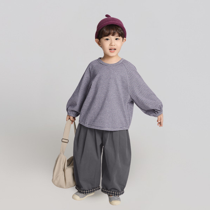 裾チェック柄ロングパンツ純綿