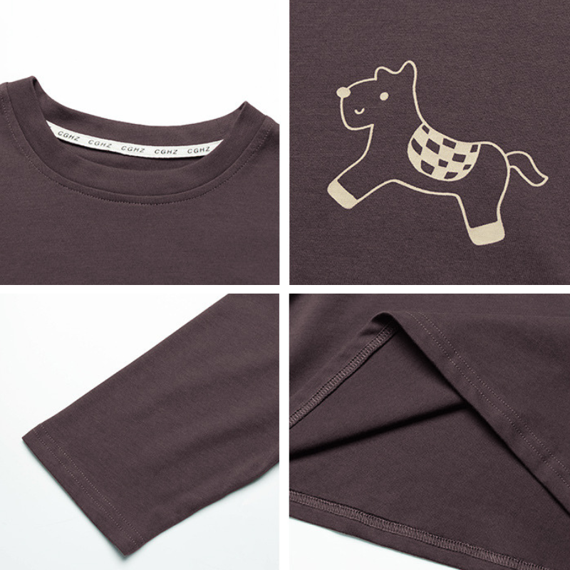 馬プリント純綿ロングTシャツ