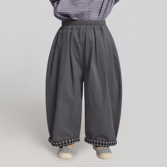 裾チェック柄ロングパンツ純綿